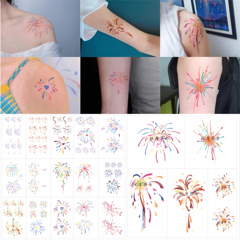 Herbal Juice Colorful Fireworks Tattoo Stickers ins Hand-Painted Tattoo Stickers for Collarbone and Arm, Cute Waterproof Tattoo Stickers