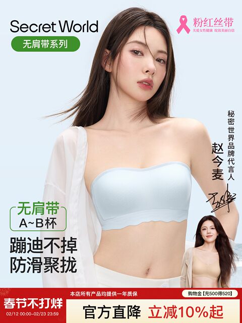 Zhao Jinmai Style Secretworld Strapless Bra for Women, Push-Up for Small Bust, Non-Slip Invisible Bandeau Bra