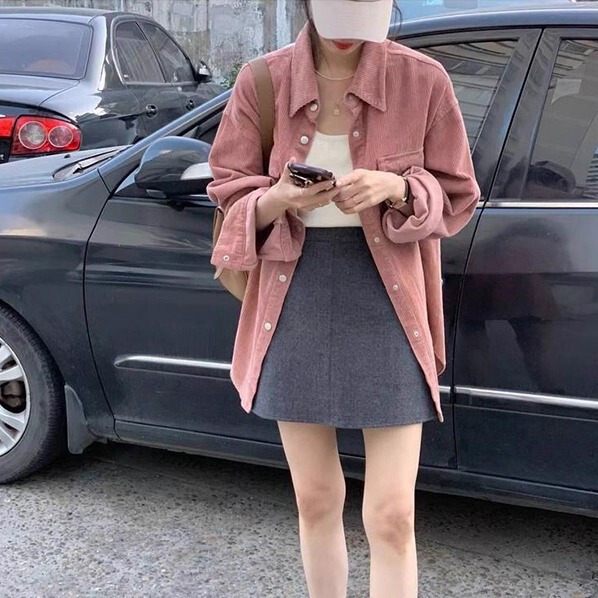 Autumn and Winter New Korean Style Hong Kong Style Long-Sleeved Shirt for Women, Loose Fit, Pink, Lazy Style, Corduroy Thickened Top