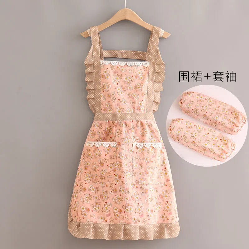 Apron with Sleeves Two-Piece Set Korean Style Lace Cooking Princess Style Breathable Fashionable Adult Work Clothes Summer 2023 New Style