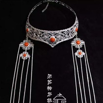 Hesugel handmade intangible cultural heritage Mongolian headdress inlaid with imitation coral headdress simple sterling silver headdress