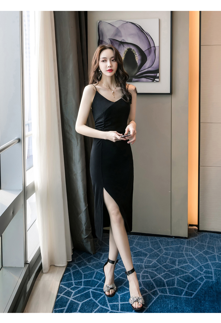 VK旗艦店 韓系復古修身開叉下擺長版細肩帶無袖洋裝