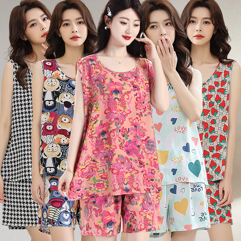 Summer Sleeveless Vest Pure Cotton Silk Pajamas Short-Sleeved Two-Piece Set Women's Summer Thin Camisole Rayon Home Wear Summer Sleeveless Vest Pure Cotton Silk Pajamas Short-Sleeved Two-Piece Set Women's Summer Thin Camisole Rayon Home Wear