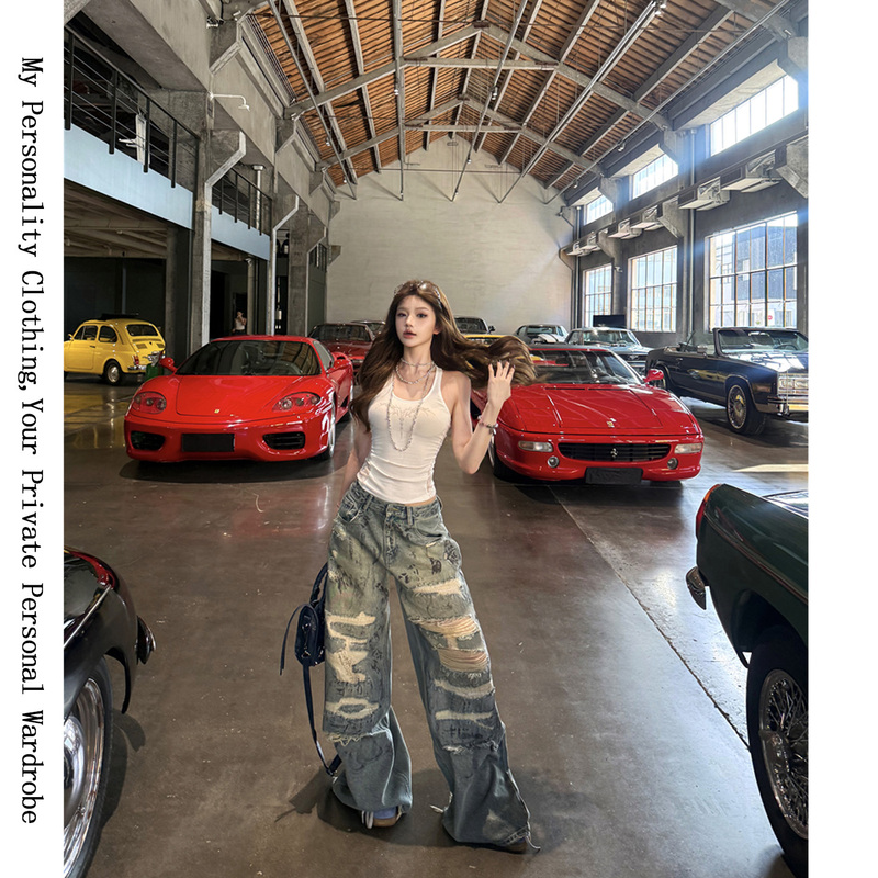 Umhome American-Style Spicy Girl Patchwork Ripped Jeans for Women, Faded Wide-Leg Pants, Low-Waist Straight-Leg Floor-Length Pants