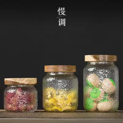 Slow-tuning hammer glass tea jars, large, medium and small sealed cans, Pu'er tea cans, moisture-proof with wooden cover