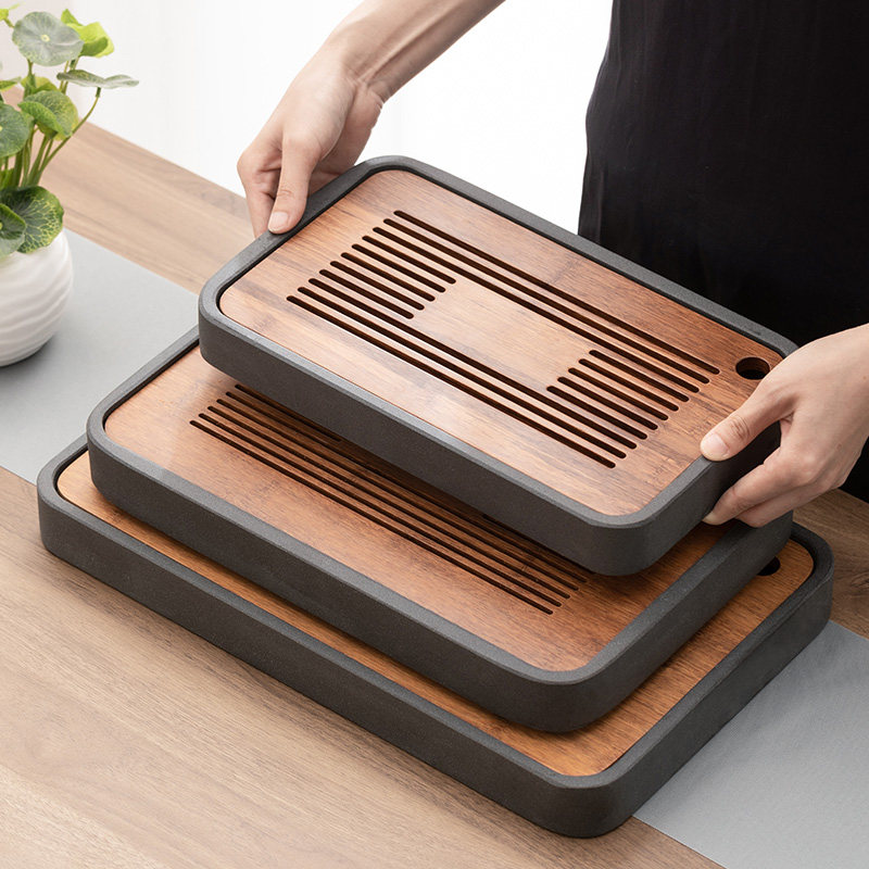Retro Ujin Stone Heavy Bamboo Tea Tray Household Brief About Dry Foam Tai Tea Sea Drainage Type Water Storage Drain Pan Tea Set