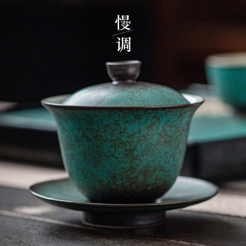 Slow-tone three-only cover bowl retro style large number tea bowl single tea bowl tea Doug cover bowl Gongfu tea with ceramic tea bowl