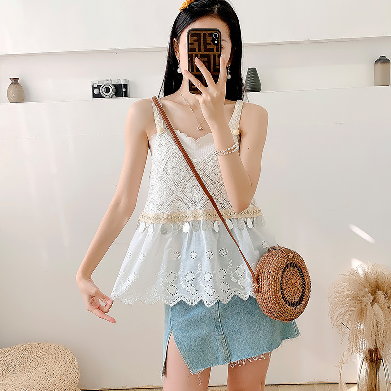 Summer Ethnic Style Loose Top, Bohemian Knitted Camisole, Thai Travel Sequined Lace Patchwork Vest