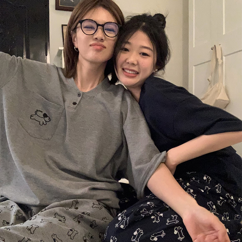 Sandwich Egg Tart Original Cartoon Dog Waffle Couple Pajamas Autumn and Winter Men's and Women's Set Short-Sleeved Home Clothes Two-Piece Set