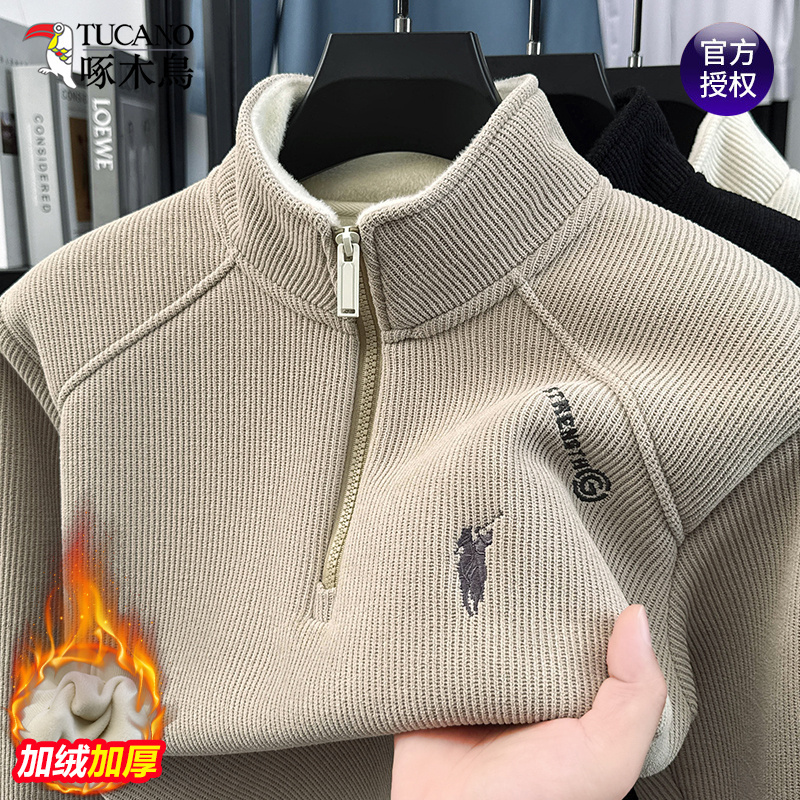 Woodpecker Brand Fleece-Lined Sweater for Men, Winter Thickened Warm Half-High Collar Casual Sweatshirt with Zipper, Casual Base Layer Shirt for Men