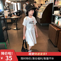 Girls letter dress 2020 summer new baby Korean edition white stitching long dress childrens wild short-sleeved dress