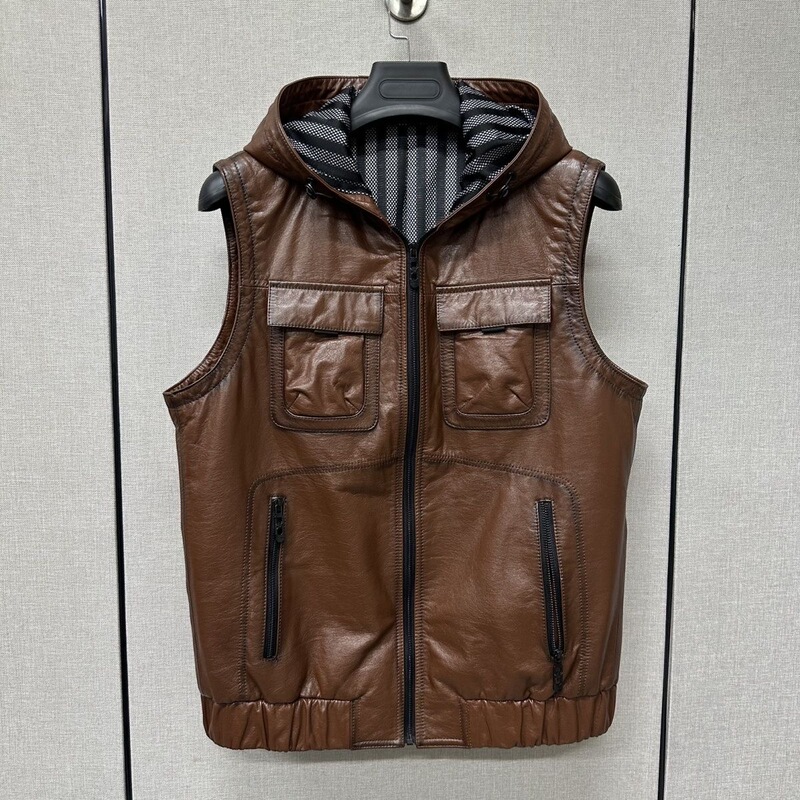 New Genuine Leather Vest Men's Leather Jacket Cowhide Oil Wax Short Vest Leather Jacket Hooded Coat Biker Vest