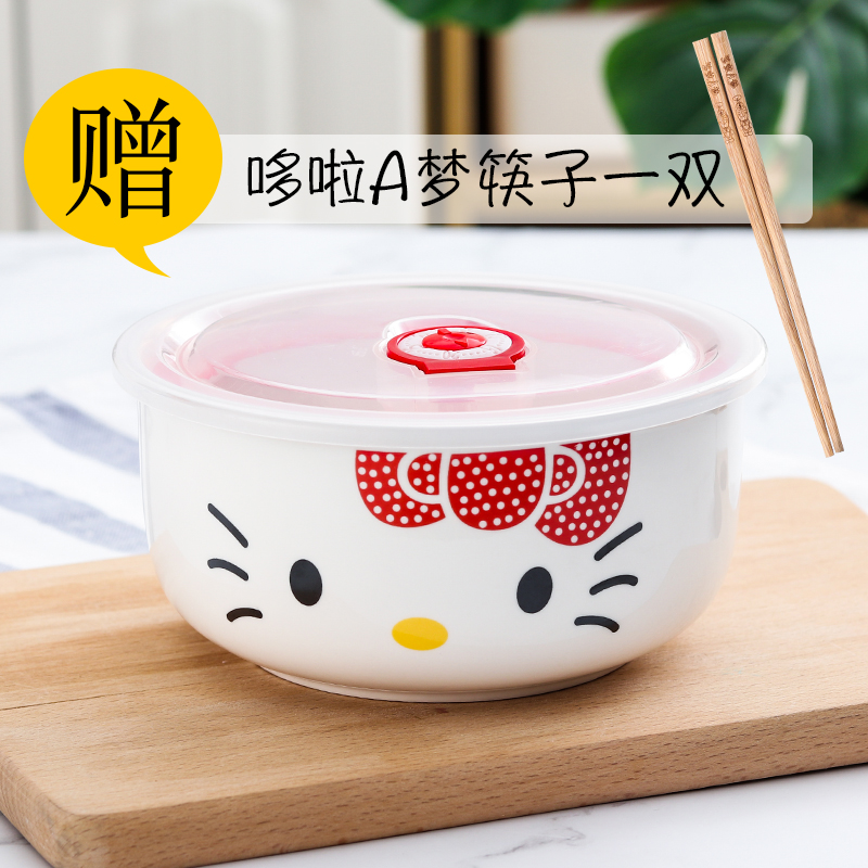 Small lovely lunch box single bowl noodles dedicated microwave circular suit ceramic bowl with cover with heating chopsticks