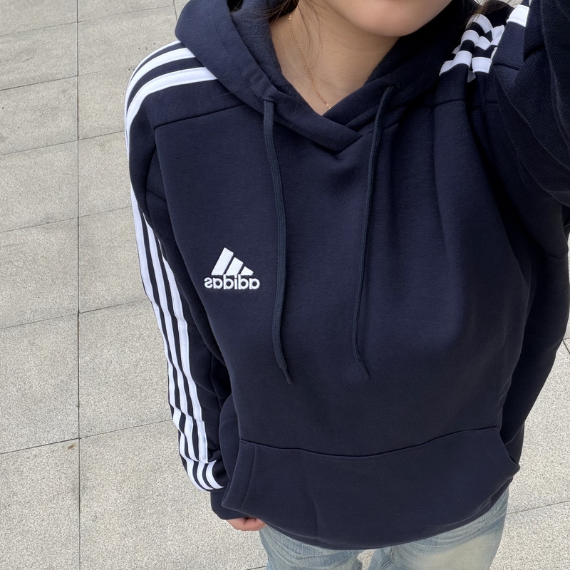 Adidas Essential Fleece-Lined Thickened Hooded Sweatshirt Pullover, Can Be Worn Alone, Adidas Three-Stripe Autumn and Winter Sweatshirt