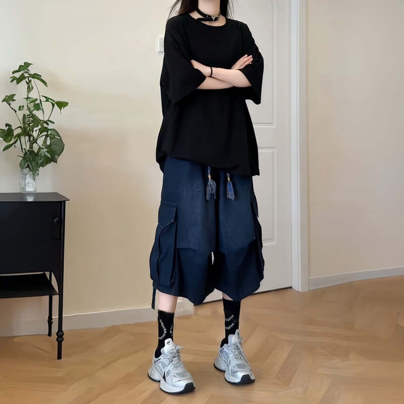 American-Style Trendy Unisex Denim Capri Pants, New Summer Large Size Loose Slimming Pleated Casual Straight-Leg Pants American-Style Trendy Unisex Denim Capri Pants, New Summer Large Size Loose Slimming Pleated Casual Straight-Leg Pants