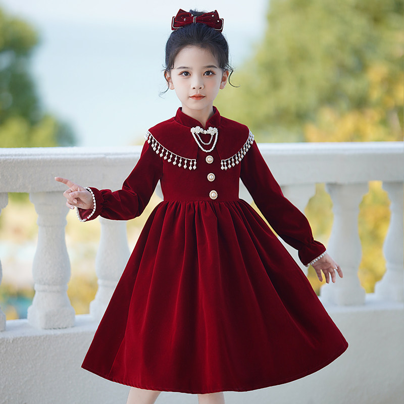 Girl Red Dress Dress 2023 New Ocean Gas Children Winter Skirt Autumn Winter Dress Little Girl Winter Style Princess Skirt-Taobao