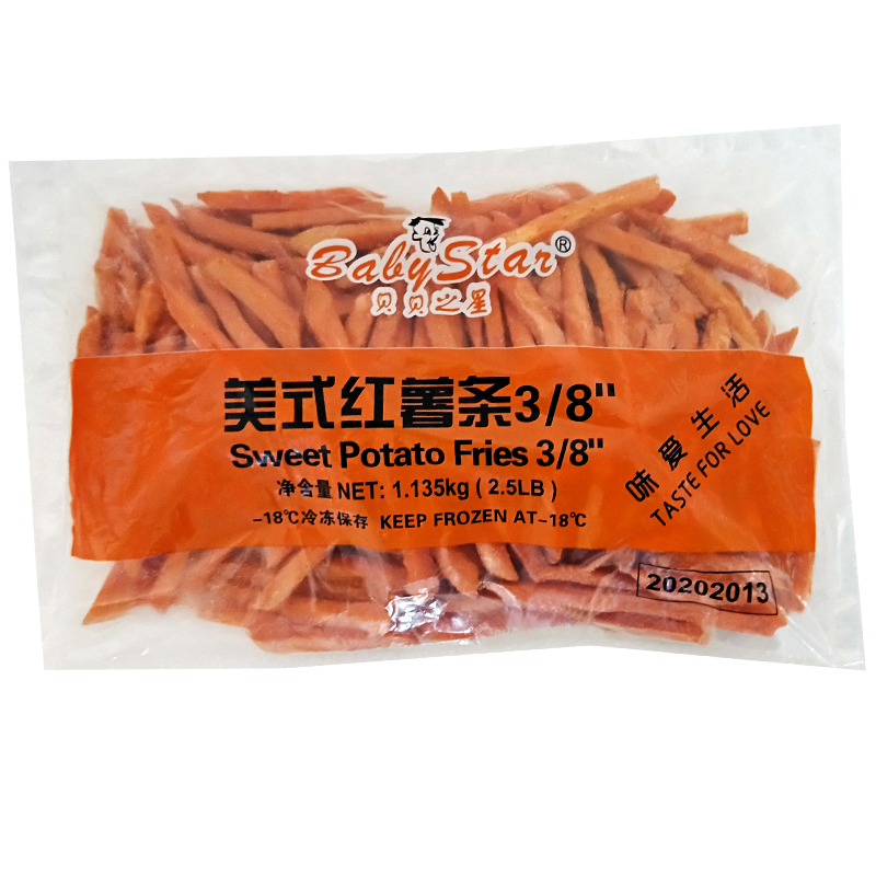 Bebe's star American sweet potato strips 1135 kg raw frozen and sweet fries fried and baked 3 8 coarse fries