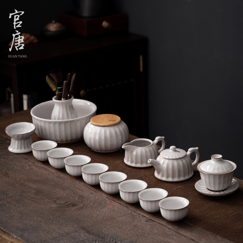 High-end official Ru porcelain tea set open sheet for home light extravagant whole set of high-end utiliturytea tea with teapot tea cup with gift-Taobao