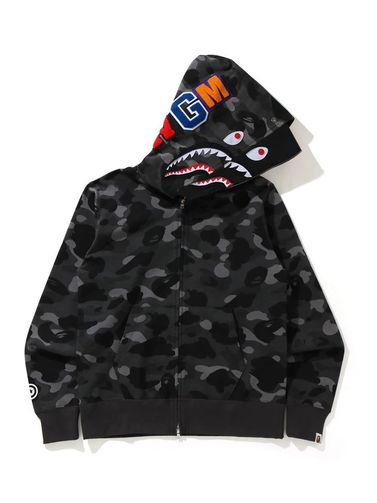Japanese fleece cardigan, jacket with hood, human head, shark for men and women for students, hoody