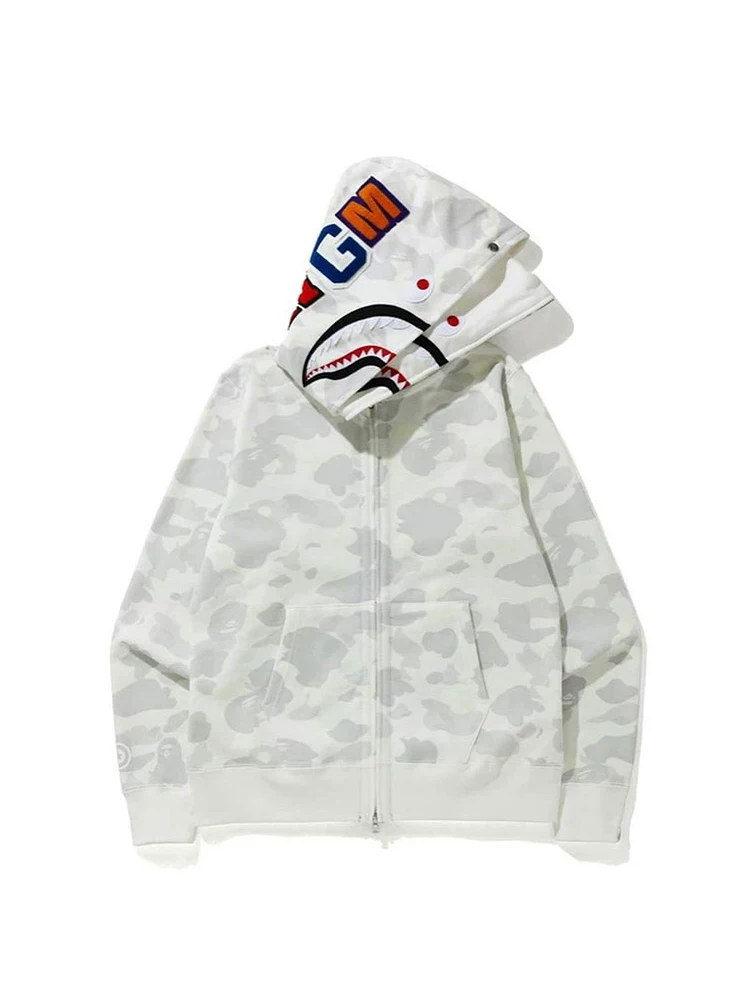 Japanese fleece cardigan, jacket with hood, human head, shark for men and women for students, hoody