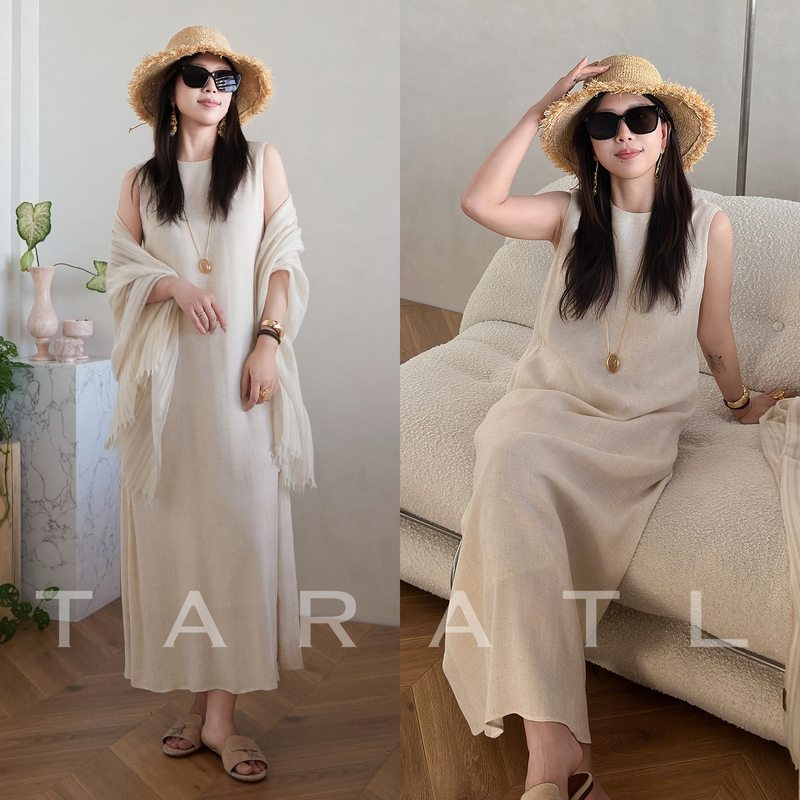 Tara | Minimalist and Relaxed Japanese Imported Rain Dew Linen Sleeveless Tank Dress with a High-End Feel and Straight Cut.