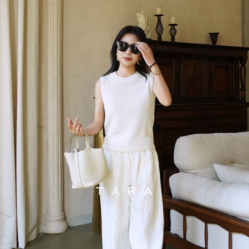 Tara | Loose-Fitting Japanese Imported Washi Yarn Linen Knit Vest with Round Neck, Versatile, Slimming, Sleeveless T-Shirt for Summer.