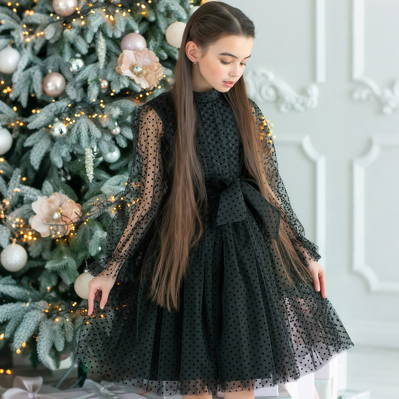 Hepburn-Style Children's Black Evening Dress, Elegant Children's Little Black Dress, Girls' Birthday Party Long-Sleeve Dress