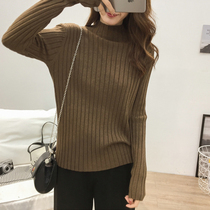 Soft glutinous pit semi-high-neck pullover sweater womens autumn and winter Korean version of loose Joker slim stretch bottoming sweater tide