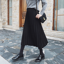 New Korean version of black pleated skirt female spring and autumn long retro small man Joker high waist slim skirt tide