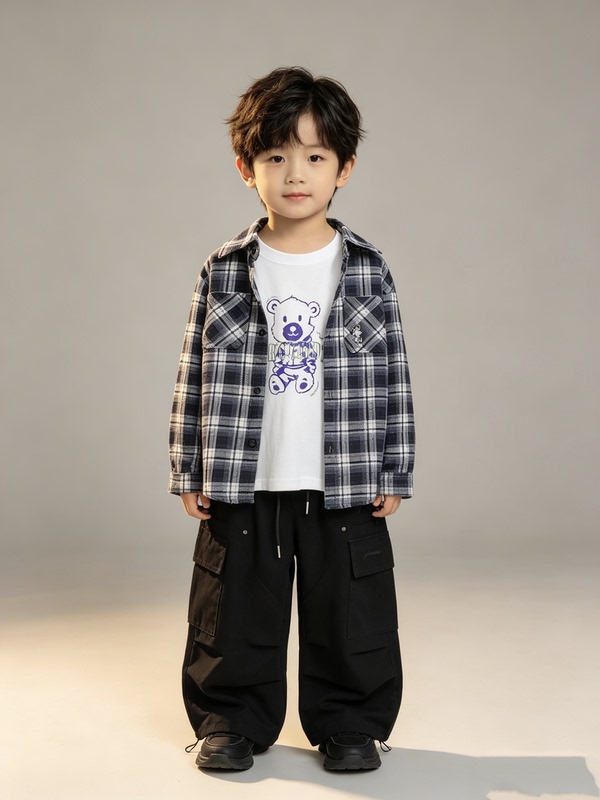 10.13 Teddy Bear Children's Plaid Hooded Shirt G6Fy01 (A05) 10.13 Teddy Bear Children's Plaid Hooded Shirt G6Fy01 (A05)