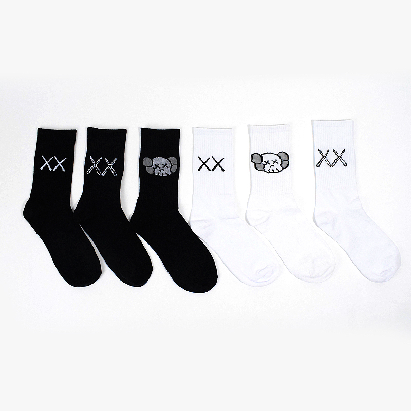 2 Pairs of Xx Cartoon Sesame Street Kaws Collaboration ins Trendy Socks, Simple and Versatile Mid-Calf Socks, Street Sports Socks