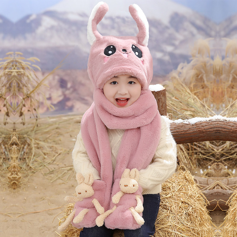 Moving rabbit ears hat children's scarf one autumn and winter cute baby warm boys and girls hooded scarf
