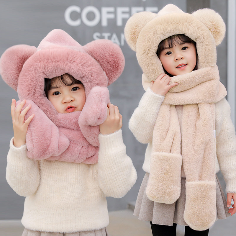 Scarf-integrated child winter cute super cute three sets warm imitation card Rabbit fur male and female child hat baby scarf