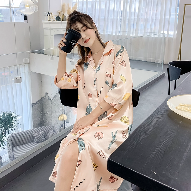 Váy ngủ nữ mùa xuân và thu bộ đồ ngủ lụa mỏng mùa hè, tay dài, size lớn, rộng rãi mm béo, có thể mặc bên ngoài đồ mặc nhà - Đêm đầm