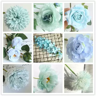 仿真婚庆蓝色绢花单朵花束玫瑰绣球牡丹深蓝天蓝婚礼花材路引插花