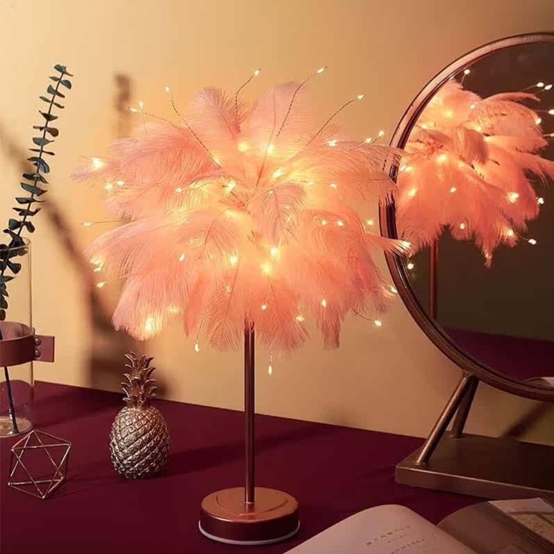 2021 Internet celebrity bedside lamp night lamp ins style high-value girl heart feather lamp dormitory bedroom warm and romantic