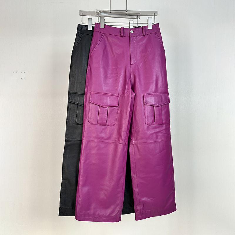 2025 Autumn New Style Genuine Leather Pants for Women, Purple Straight-Leg Lambskin Pants with Pockets, Slim-Fit Casual Long Pants