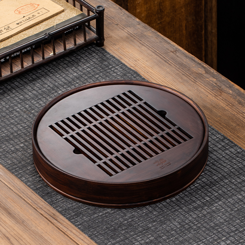Medium Round Bamboo Tea Tray 30 * 30 * 5.2CmBamboo tea tray household simple and easy Xiaochahai Water storage type circular large saucer Tea Service Draining Dry bubble table tea set Tray
