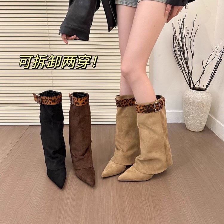 Trendy Pointed-Toe Wedge Boots for Women with Leopard Print, Western Cowboy Boots, New Style with Detachable Belt Buckle, Mid-Calf Boots Trendy Pointed-Toe Wedge Boots for Women with Leopard Print, Western Cowboy Boots, New Style with Detachable Belt Buckle, Mid-Calf Boots