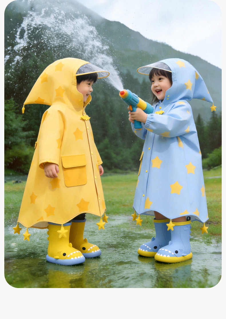 星星小鲨鱼儿童雨衣雨鞋套装男童女孩宝宝防水卡通雨靴防滑水鞋 — 14