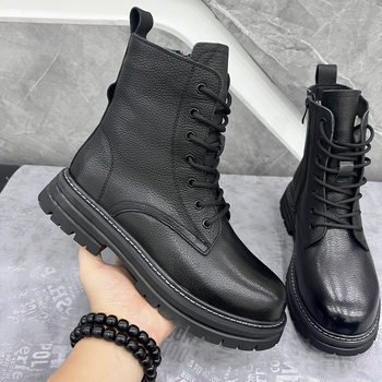 Wool high-top martin boots for men, thick-soled zippers, british-style fashionable men's boots, high-heeled toe-layer cowhide side zippers