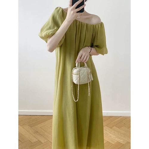 Летний приталенный корсет, зеленое платье, французский стиль, изысканный стиль, рукава фонарики