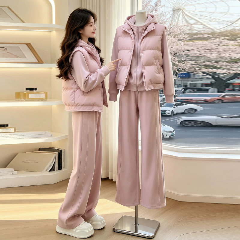 Fashion Casual Suit for Women 2026 New Winter Stylish Slim-Fit Cotton Vest Jacket Sweatshirt Wide-Leg Pants Three-Piece Set