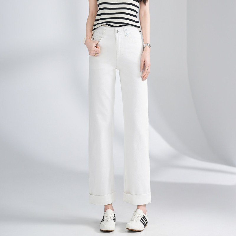 Versatile Light-Colored Denim Cropped Straight-Leg Pants for Women, High-Waisted, New Spring/Summer Thin Style, Petite Slim-Fit Cigarette Pants