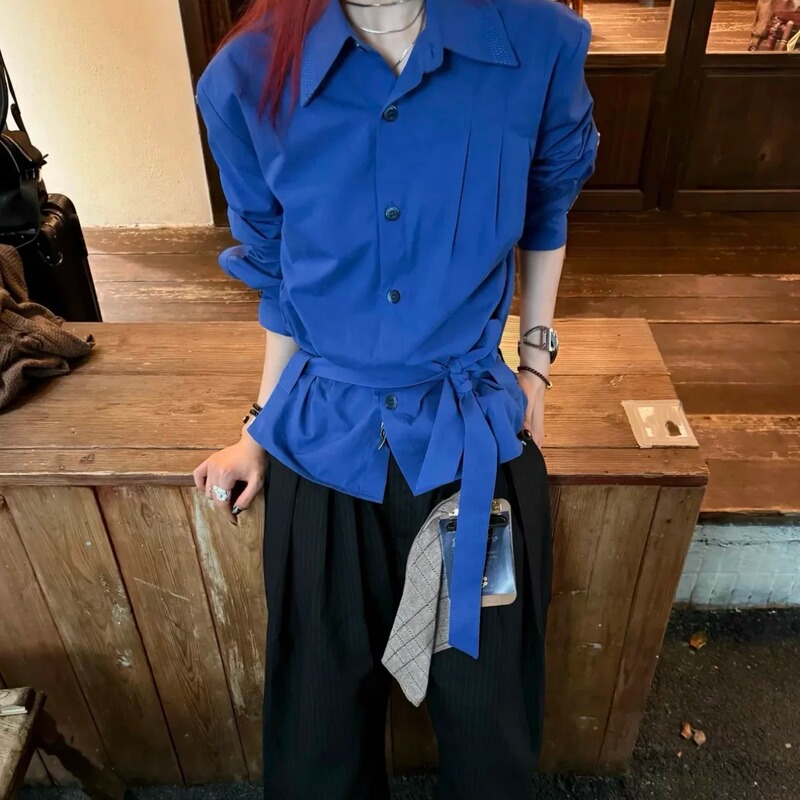 Ifwt "Crossover Line" 100% Cotton Accordion Pleated Neckline Ribbed Tie Shirt Niche Design Casual Long Sleeve Ifwt "Crossover Line" 100% Cotton Accordion Pleated Neckline Ribbed Tie Shirt Niche Design Casual Long Sleeve
