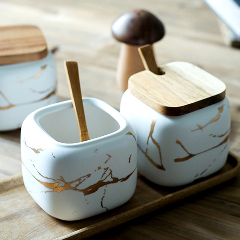 Nordic matte marbled ceramic seasoning jar oil salt jar home seasoning box kitchen condiment spice bottle set