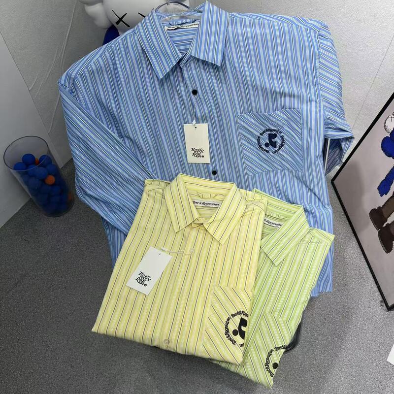 Restandrecreation Lazy Style Striped Shirt with Embroidered Rr Letters, Loose Long-Sleeved Shirt Jacket, Trendy