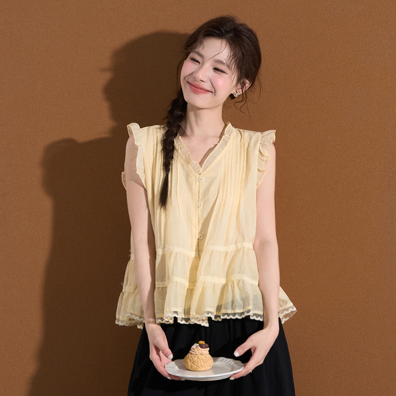 Zhou Bai Bai Age-Reducing Sweet Style Lace Trim Flutter Sleeve Shirt Women's Summer Sleeveless Vest Babydoll Top