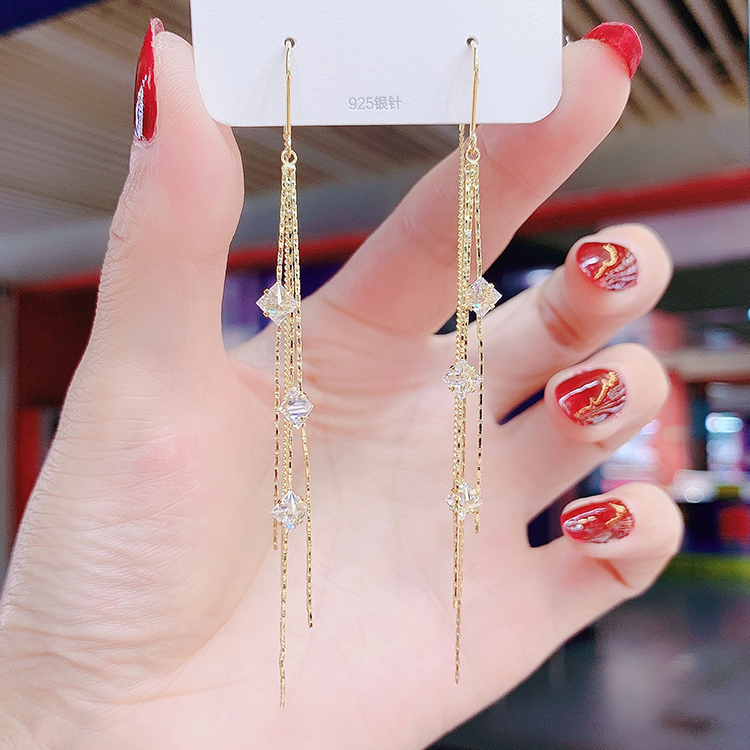 Zircon Stone Earrings Woman minimalist temperament 100 lap silver Needle lukewarm fashion Long version Stream Susearrings Superfairy Personality Earrings
