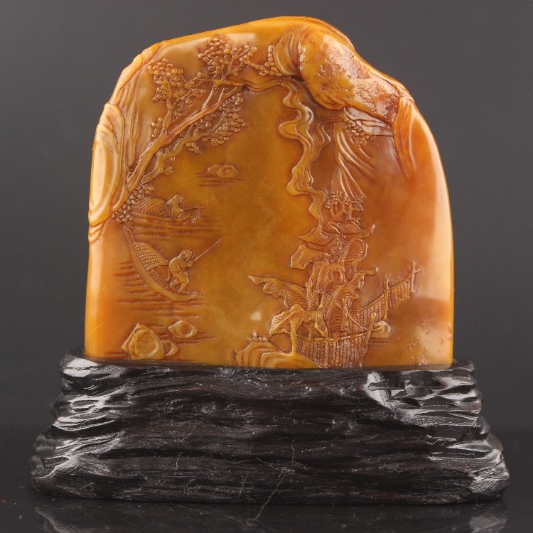 Laos' northern Tian Yellowstone < West Lake Pan Zhoun > Thin Mercy Pendulum Pieces Ancient Play Gold Stone Seal Engraving and Calligraphy Gift Collection